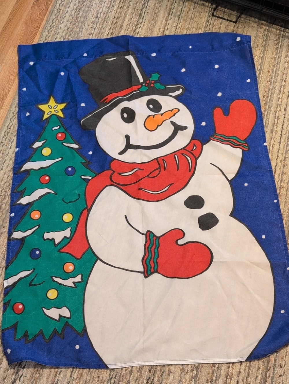 Festive Snowman Holiday Flag with Christmas Tree